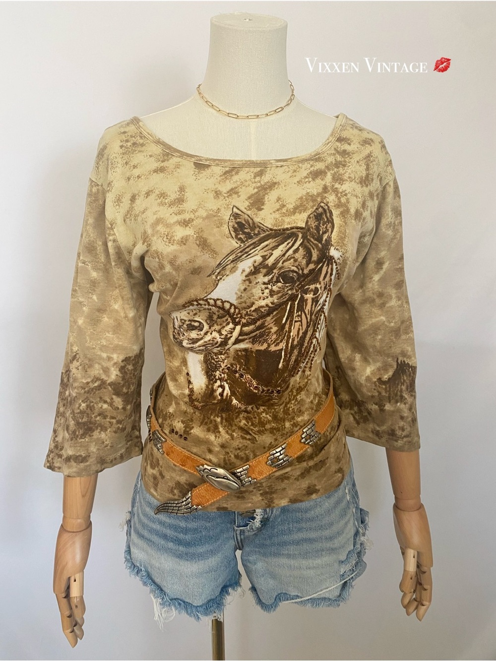 VINTAGE 1990'S TAKE TWO BEADED BOATNECK QUARTER-SLEEVE HORSE TOP IN BROWN